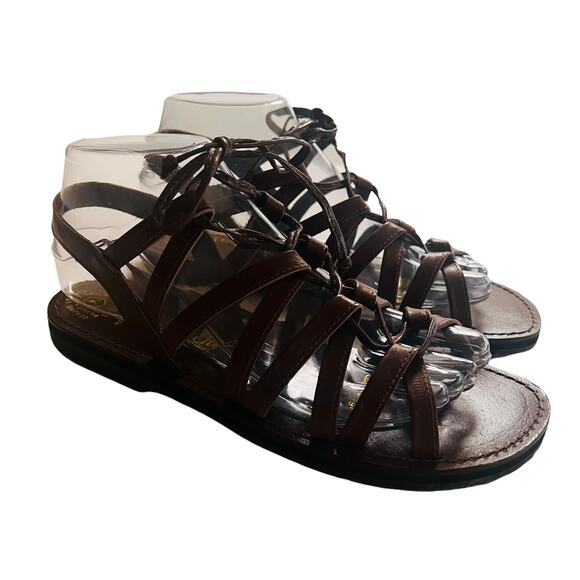 HM Leathercraft Shoes - Leathercraft Leather Strappy Lace Up Flat Sandals Size 7 Brown